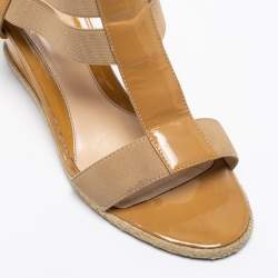 Pre Owned Fendi Beige Patent Leather and Elastic T-Strap Espadrille Wedge Sandals Size 36