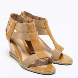 Pre Owned Fendi Beige Patent Leather and Elastic T-Strap Espadrille Wedge Sandals Size 36