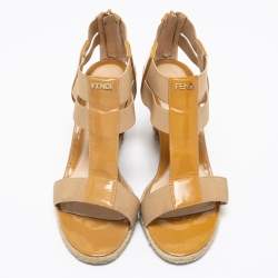 Pre Owned Fendi Beige Patent Leather and Elastic T-Strap Espadrille Wedge Sandals Size 36