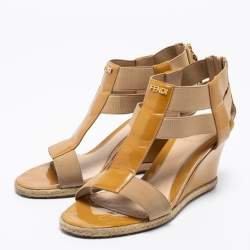 Pre Owned Fendi Beige Patent Leather and Elastic T-Strap Espadrille Wedge Sandals Size 36