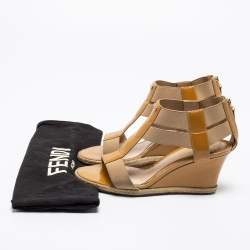 Pre Owned Fendi Beige Patent Leather and Elastic T-Strap Espadrille Wedge Sandals Size 36