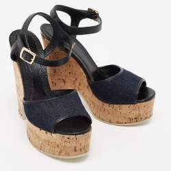 Pre Owned Fendi Navy Blue Denim and Lizard Embossed Leather Cork Wedge Platform Ankle Strap Sandals Size 39