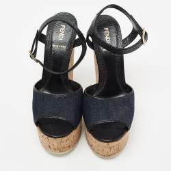 Pre Owned Fendi Navy Blue Denim and Lizard Embossed Leather Cork Wedge Platform Ankle Strap Sandals Size 39