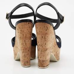 Pre Owned Fendi Navy Blue Denim and Lizard Embossed Leather Cork Wedge Platform Ankle Strap Sandals Size 39