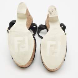 Pre Owned Fendi Navy Blue Denim and Lizard Embossed Leather Cork Wedge Platform Ankle Strap Sandals Size 39