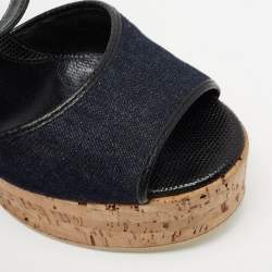 Pre Owned Fendi Navy Blue Denim and Lizard Embossed Leather Cork Wedge Platform Ankle Strap Sandals Size 39