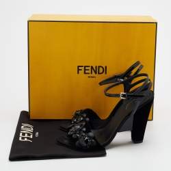 Pre Owned Fendi Black Velvet And Patent Leather Flowerland Jewel Ankle Strap Sandals Size 38.5