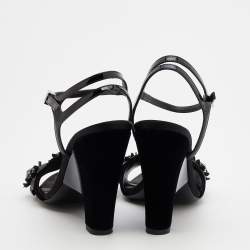 Pre Owned Fendi Black Velvet And Patent Leather Flowerland Jewel Ankle Strap Sandals Size 38.5