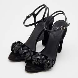Pre Owned Fendi Black Velvet And Patent Leather Flowerland Jewel Ankle Strap Sandals Size 38.5