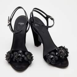 Pre Owned Fendi Black Velvet And Patent Leather Flowerland Jewel Ankle Strap Sandals Size 38.5