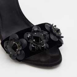 Pre Owned Fendi Black Velvet And Patent Leather Flowerland Jewel Ankle Strap Sandals Size 38.5