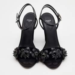 Pre Owned Fendi Black Velvet And Patent Leather Flowerland Jewel Ankle Strap Sandals Size 38.5