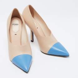 Pre Owned Fendi Beige/Blue Leather Pointed Toe Pumps Size 37