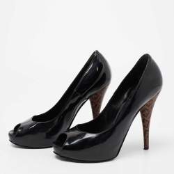 Pre Owned Fendi Black Patent Leather Zucchino Print Heel Peep-Toe Pumps Size 36.5