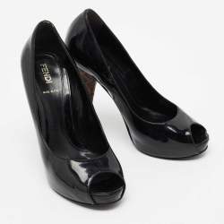 Pre Owned Fendi Black Patent Leather Zucchino Print Heel Peep-Toe Pumps Size 36.5