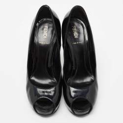 Pre Owned Fendi Black Patent Leather Zucchino Print Heel Peep-Toe Pumps Size 36.5