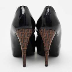 Pre Owned Fendi Black Patent Leather Zucchino Print Heel Peep-Toe Pumps Size 36.5