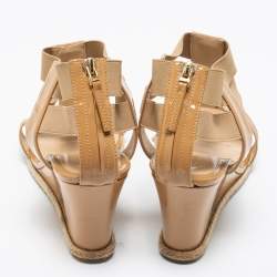 Fendi Beige Patent Leather and Elastic T-Strap Espadrille Wedge Sandals Size 41
