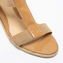 Fendi Beige Patent Leather and Elastic T-Strap Espadrille Wedge Sandals Size 41