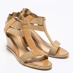 Fendi Beige Patent Leather and Elastic T-Strap Espadrille Wedge Sandals Size 41