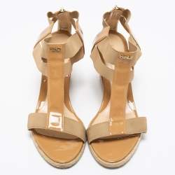 Fendi Beige Patent Leather and Elastic T-Strap Espadrille Wedge Sandals Size 41