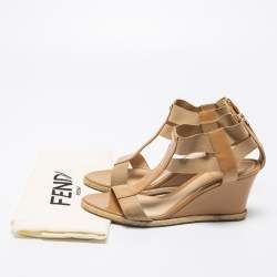 Fendi Beige Patent Leather and Elastic T-Strap Espadrille Wedge Sandals Size 41