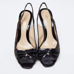 Pre Owned Fendi Brown/Black Zucca Canvas And Patent Leather Bow Slingback Sandals Size 39.5
