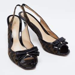 Pre Owned Fendi Brown/Black Zucca Canvas And Patent Leather Bow Slingback Sandals Size 39.5