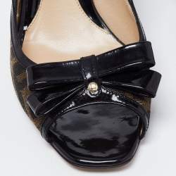 Pre Owned Fendi Brown/Black Zucca Canvas And Patent Leather Bow Slingback Sandals Size 39.5