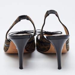 Pre Owned Fendi Brown/Black Zucca Canvas And Patent Leather Bow Slingback Sandals Size 39.5