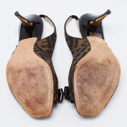 Pre Owned Fendi Brown/Black Zucca Canvas And Patent Leather Bow Slingback Sandals Size 39.5