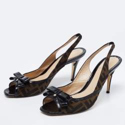 Pre Owned Fendi Brown/Black Zucca Canvas And Patent Leather Bow Slingback Sandals Size 39.5