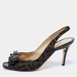 Pre Owned Fendi Brown/Black Zucca Canvas And Patent Leather Bow Slingback Sandals Size 39.5