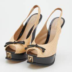 Pre Owned Fendi Beige Woven Raffia Fendista Bow Platform Slingback Sandals Size 37
