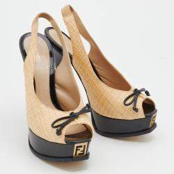 Pre Owned Fendi Beige Woven Raffia Fendista Bow Platform Slingback Sandals Size 37