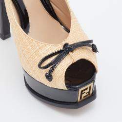 Pre Owned Fendi Beige Woven Raffia Fendista Bow Platform Slingback Sandals Size 37
