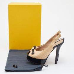 Pre Owned Fendi Beige Woven Raffia Fendista Bow Platform Slingback Sandals Size 37