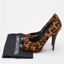 Pre Owned Fendi Brown Leopard Print Calf Hair Peep Toe Platform Pumps Size 40