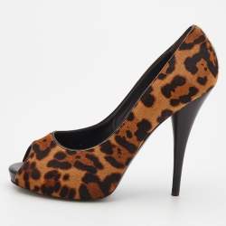 Pre Owned Fendi Brown Leopard Print Calf Hair Peep Toe Platform Pumps Size 40