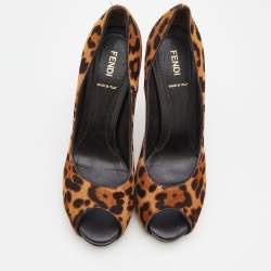 Pre Owned Fendi Brown Leopard Print Calf Hair Peep Toe Platform Pumps Size 40