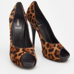 Pre Owned Fendi Brown Leopard Print Calf Hair Peep Toe Platform Pumps Size 40