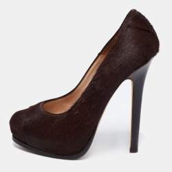 Fendi Brown Suede And Calf Hair Platform Pumps Size 37