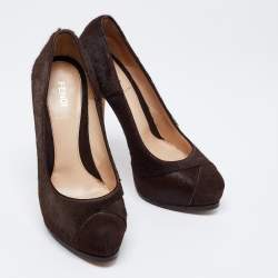 Fendi Brown Suede And Calf Hair Platform Pumps Size 37