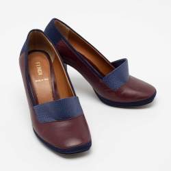 Pre Owned Fendi Blue/Brown Lizard Embossed And Leather Polifonia Court Studded Heel Pumps Size 37