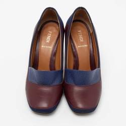 Pre Owned Fendi Blue/Brown Lizard Embossed And Leather Polifonia Court Studded Heel Pumps Size 37