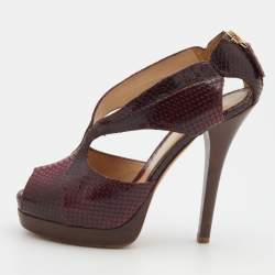 Fendi Burgundy Python Embossed Leather Strappy Peep Toe Platform Sandals Size 40