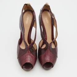 Fendi Burgundy Python Embossed Leather Strappy Peep Toe Platform Sandals Size 40