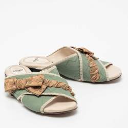 Pre Owned Fendi Mint Green Knit Fabric Bow Cross Strap Flat Slides Size 36