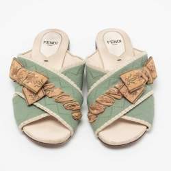 Pre Owned Fendi Mint Green Knit Fabric Bow Cross Strap Flat Slides Size 36