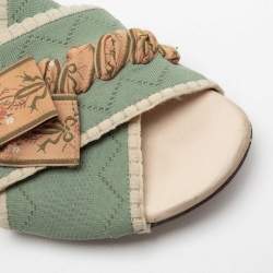 Pre Owned Fendi Mint Green Knit Fabric Bow Cross Strap Flat Slides Size 36